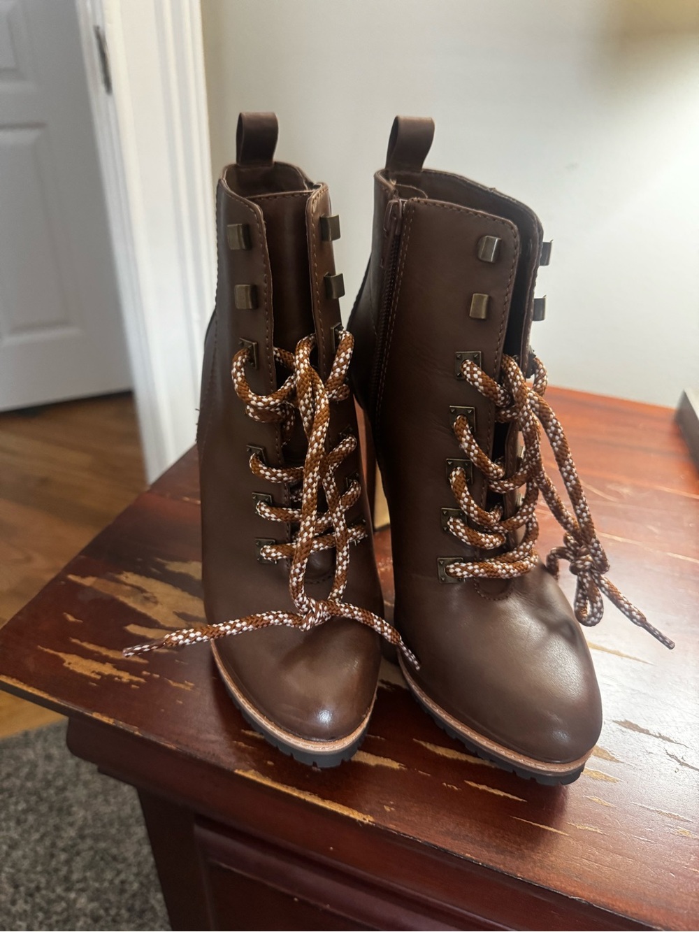 Gianni Bini Brown Lace-Up Heeled Ankle Boots